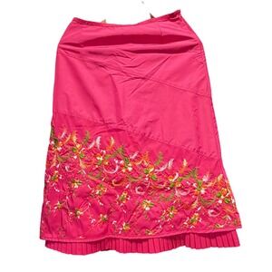 Oilily Hot Pink Embroidered Floral Midi Skirt Pleated Hem Size 34 NWT